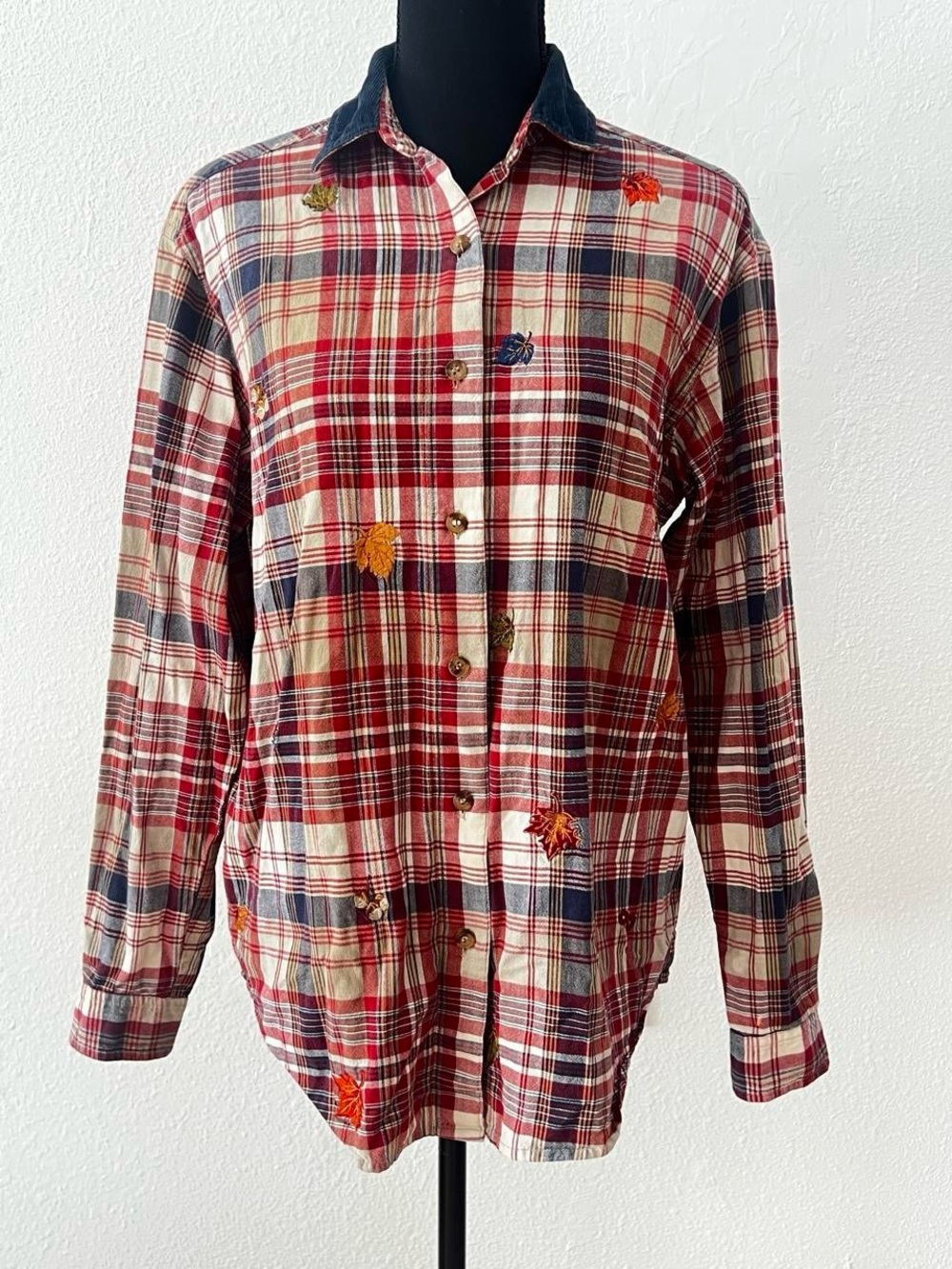 90s Flannel Shirt Embroidered Autumn Women’s S Corduroy Collar Cabincore Cottage